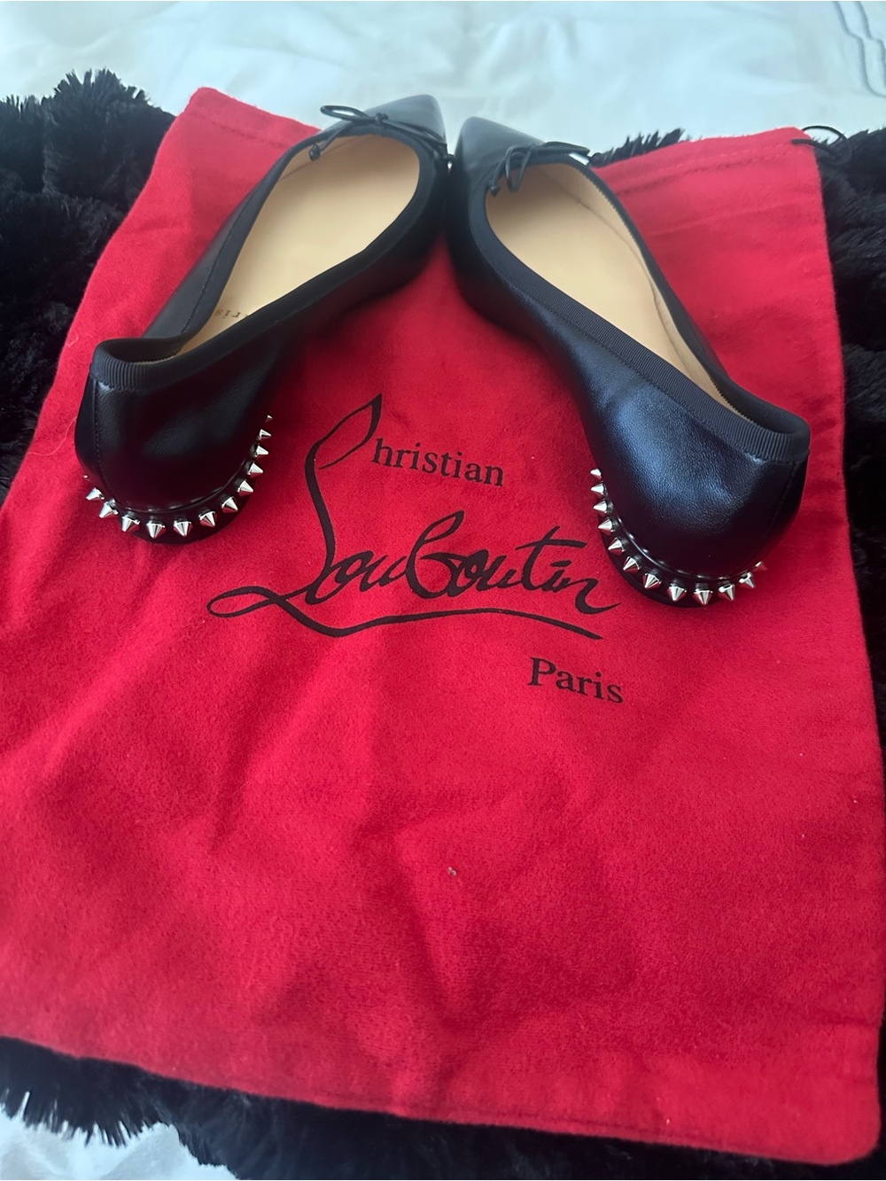 Christian Louboutin Black Pointed Leather Ballet Flats with Heel Spikes - Picture 2 of 3
